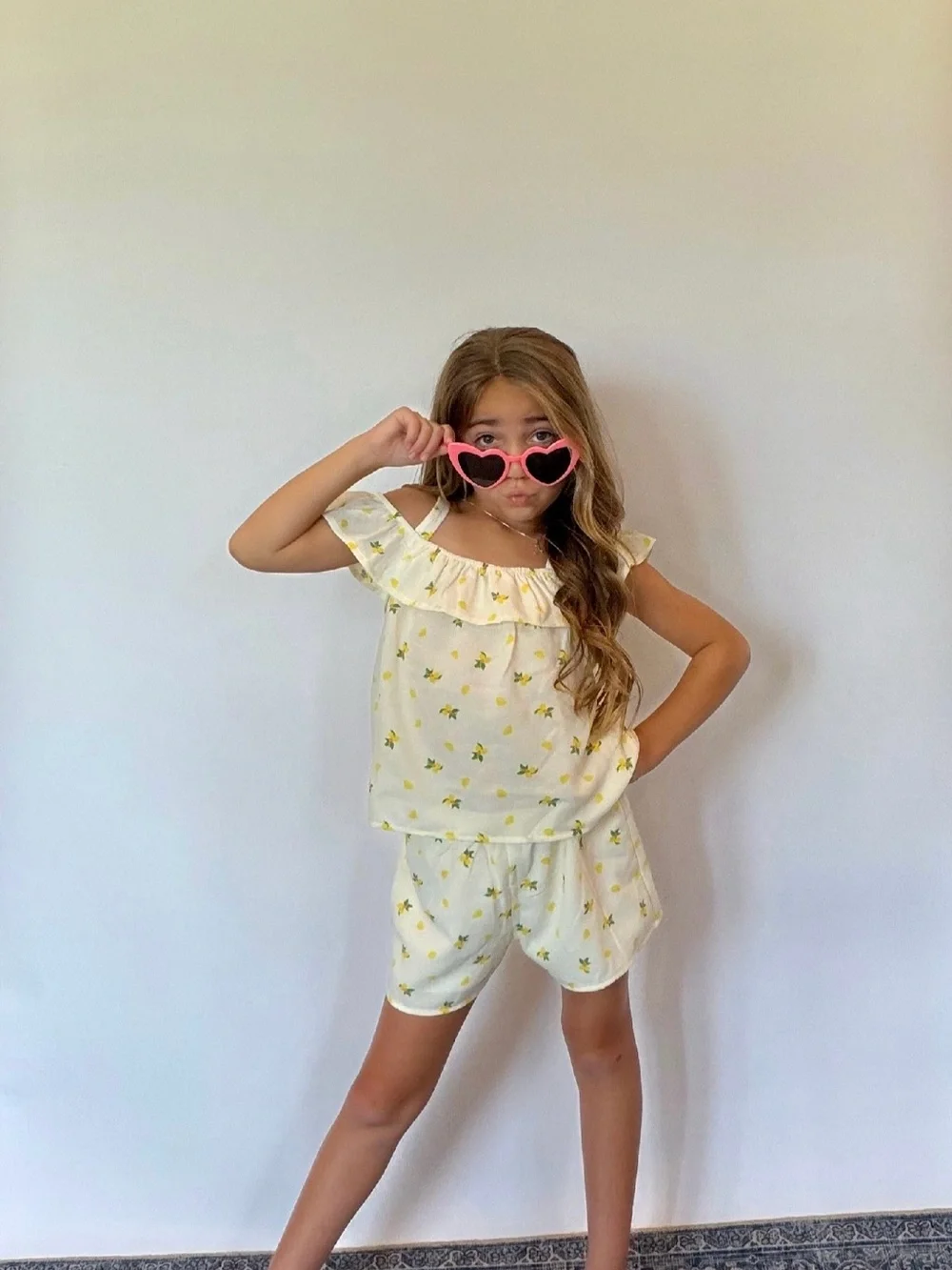 Girls Lemon Print Off-Shoulder Set - Cream